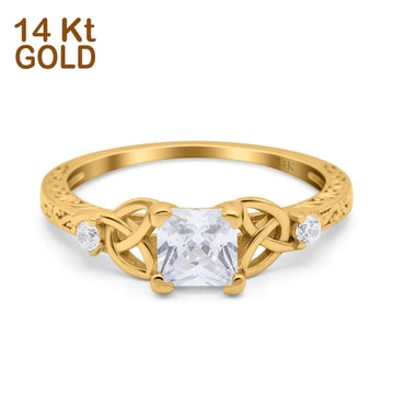 14K Yellow Gold Cushion Celtic Art Deco Engagement Ring Simulated Cubic Zirconia Size-7